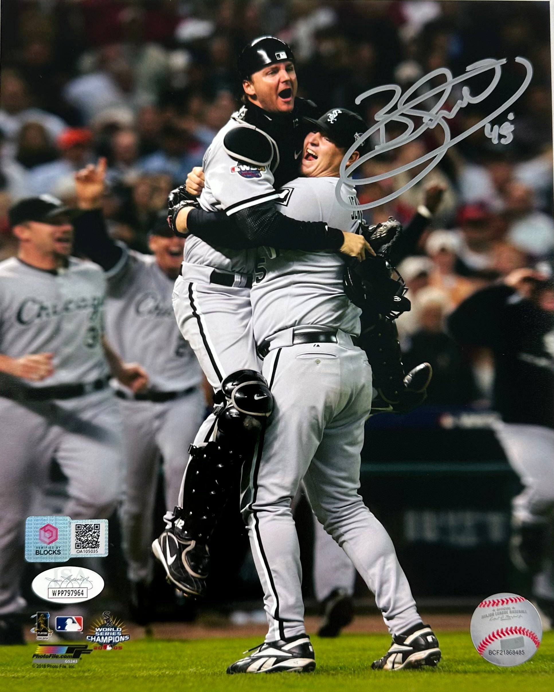 Bobby Jenks hugging A.J. Pierzynski Signed Autographed 2005 World Series  8x10 Photo - VBB