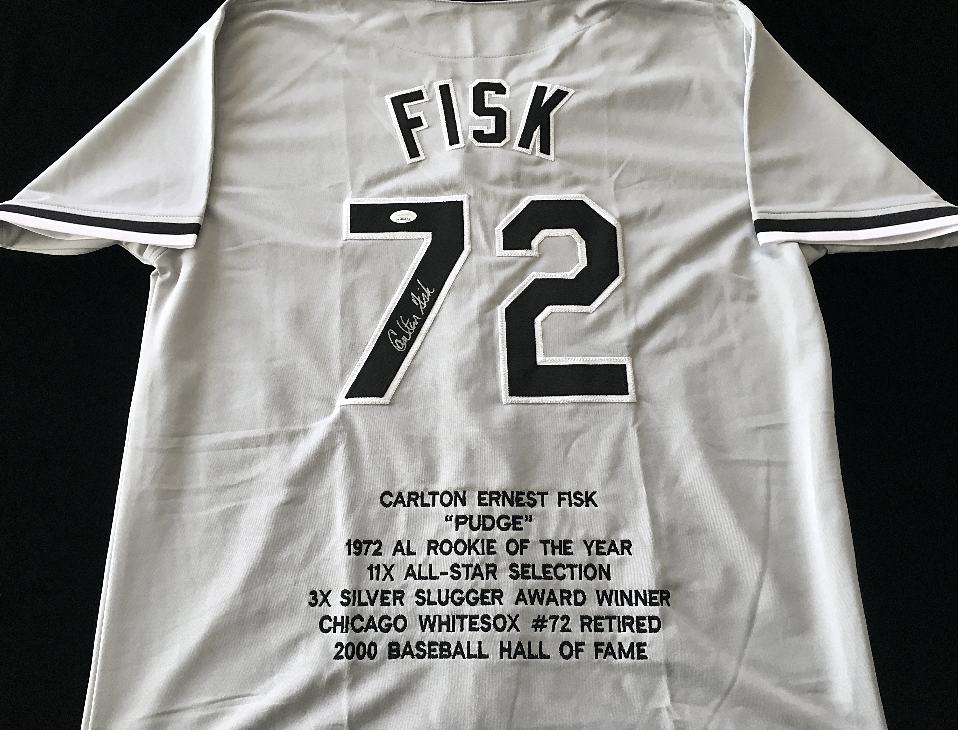 Carlton Fisk Autographed Gray Baseball Stat Jersey with JSA COA